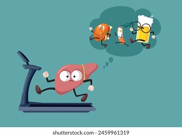 
Liver Running on Treadmill Thinning of Unhealthy Habits Concept Illustration. Unhealthy lifestyle affecting internal organ 
