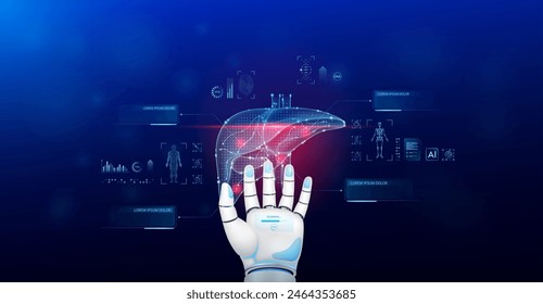 Liver scanning robot doctor diagnose disease on hand. Screen digital interface of system MRI scan of human body organ DNA analysis. Future health care innovation. Science medical technology. Vector.