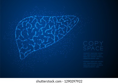 Liver shape Abstract Geometric Bokeh light circle dot pixel pattern; Medical Science Organ concept design blue color illustration isolated on blue gradient background with copy space; vector eps 10