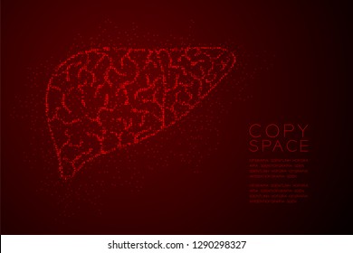 Liver shape Abstract Geometric Bokeh light circle dot pixel pattern; Medical Science Organ concept design red color illustration isolated on red gradient background with copy space; vector eps 10