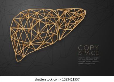 Liver shape wireframe polygon golden frame structure, Medical Science Organ concept design illustration isolated on black gradient background with copy space, vector eps 10