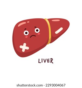 Liver sick, body organ character injured or unhealthy, cartoon vector personage. Fatty liver disease or hepatic illness infection, unhealthy sad liver with medical patch on hepatitis or cirrhosis