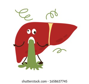 Hígado y vómitos con un fondo blanco.Caricatura. Ilustración vectorial.