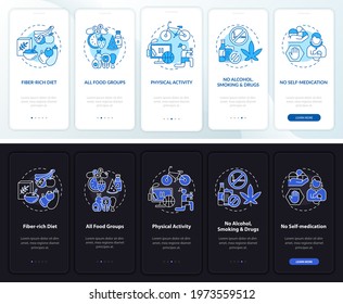 Liver wellness needs onboarding mobile app page screen with concepts. Fibrous diet walkthrough 5 steps graphic instructions. UI, UX, GUI vector template with linear night and day mode illustrations