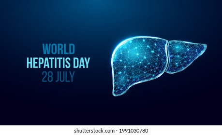 Liver wireframe. World hepatitis day concept. Banner template with glowing low poly liver. Futuristic modern abstract. Isolated on dark background. Vector illustration.