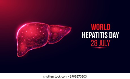 Liver wireframe. World hepatitis day concept. Banner template with glowing low poly liver. Futuristic modern abstract. Isolated on dark background. Vector illustration.