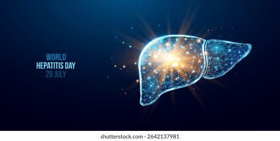 Liver wireframe. World hepatitis day concept. Banner template with glowing low poly liver. Futuristic modern abstract. Isolated on dark background. Vector illustration.