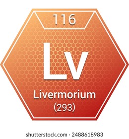 Livermorium (Lv) (116) Post-Transition Metal - Fundamental Chemical Element, Periodic Table in Chemistry Symbol, Name, Atomic Mass, Number, Chemistry Hexagon Logo Icon Design, White Background