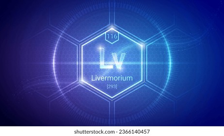 Livermorium (Lv) (116) Superheavy Element - Fundamental Element Futuristic Neon Light Glow Hexagon Block Grid Background Design - Periodic Table, Chemical Symbol, Name, Atomic Mass, Atomic Number