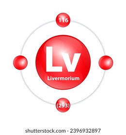 Livermorium (Lv) Icon structure chemical element round shape circle light red with surround ring. 3D Illustration vector. Period number shows of energy levels of electron. Study science for education