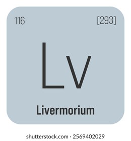 Livermorium, Lv, periodic table element with name, symbol, atomic number and weight. Synthetic element with very short half-life, created through nuclear reactions in a laboratory.