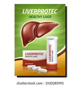 Liverp Healthy Promotion Banner Vector. Liver protect Capsules Blank Package And Container On Advertising Poster. Medicaments For Health Treatment Organ Style Concept Template Illustration