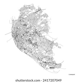 Liverpool city map with roads and streets, United Kingdom. Vector outline illustration.