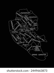 Liverpool city map vector line contour silhouette illustration isolated on black background. Administrative Liverpool town plan shape shadow. UK, England. Separated urban town divisions borders.