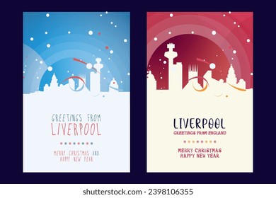 Liverpool city poster with Christmas skyline, cityscape, landmarks. Winter UK, England town holiday, New Year vertical vector layout for brochure, website, flyer, leaflet, card