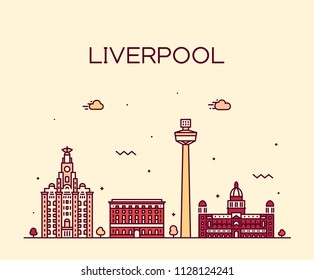 Liverpool city skyline, North West England. Trendy vector illustration, linear style