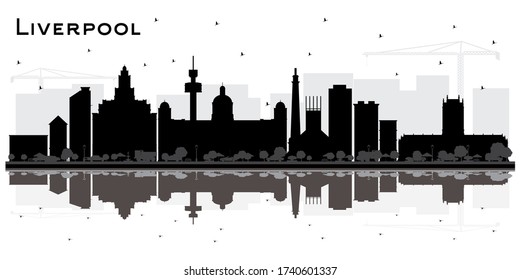 Liverpool City Skyline Silhouette with Black Buildings and Reflections Isolated on White. Vector Illustration. Tourism Concept with Historic Architecture. Liverpool Cityscape with Landmarks.