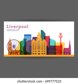 Liverpool colorful architecture vector illustration, skyline city silhouette, skyscraper, flat design.