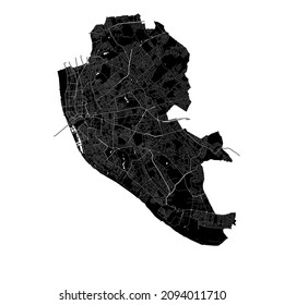 Liverpool, England, high resolution vector map with city boundaries, and editable paths. The city map was drawn with white areas and lines for main roads, side roads and watercourses on black