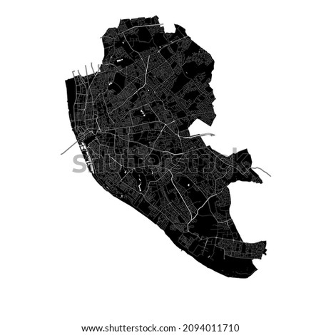 Liverpool, England, high resolution vector map with city boundaries, and editable paths. The city map was drawn with white areas and lines for main roads, side roads and watercourses on black