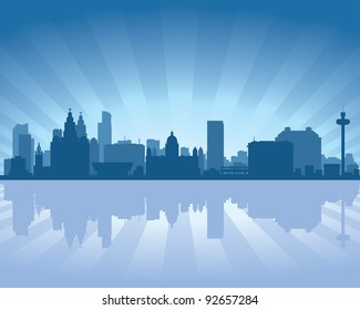 Liverpool, England skyline with reflection in water