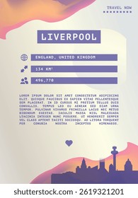 Liverpool, England vector infographics, brochure layout. Guide, leaflet, flyer, advertising graphic template with text, information, UK city skyline shape. Page, festival, cover mock up image