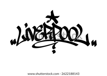 Liverpool graffiti tag in bold black ink on white background. Urban street art lettering, energetic and iconic design, perfect for branding, prints, streetwear, and digital projects.