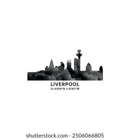 Liverpool panorama, vector badge, skyline logo and icon. UK, England, Merseyside city horizon logotype with landmarks and building silhouettes. Isolated foggy abstract gradient graphic