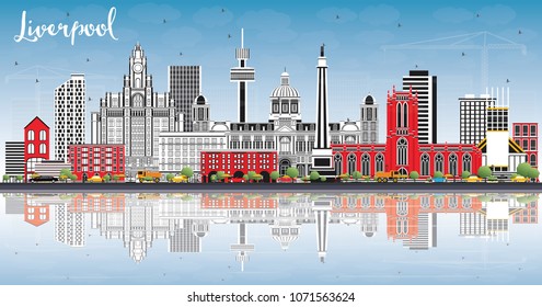 Liverpool Skyline with Color Buildings, Blue Sky and Reflections. Vector Illustration. Business Travel and Tourism Concept with Historic Architecture. Liverpool Cityscape with Landmarks.