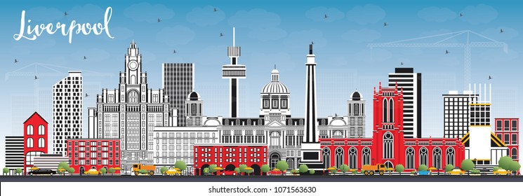 Liverpool Skyline with Color Buildings and Blue Sky. Vector Illustration. Business Travel and Tourism Concept with Historic Architecture. Liverpool Cityscape with Landmarks.