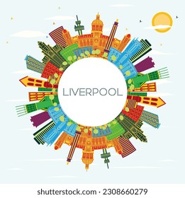 Liverpool Skyline with Color Buildings, Blue Sky and Copy Space. Vector Illustration. Business Travel and Tourism Concept with Historic Architecture. Liverpool Cityscape with Landmarks.