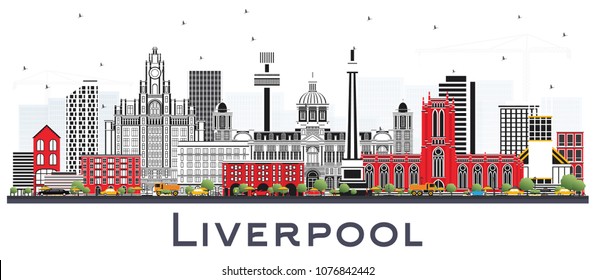 Liverpool Skyline with Color Buildings Isolated on White. Vector Illustration. Business Travel and Tourism Concept with Historic Architecture. Liverpool Cityscape with Landmarks.