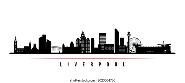 Liverpool skyline horizontal banner. Black and white silhouette of Liverpool, UK. Vector template for your design. 