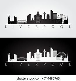 Liverpool skyline and landmarks silhouette, black and white design, vector illustration.