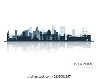 Liverpool skyline silhouette with reflection. Landscape Liverpool, United Kingdom. Vector illustration.