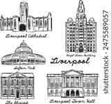 Liverpool tourist attractions vector drawings. Cathedral, Sefton Park, Royal Liver Building, Liverpool Town Hall ink illustration. Old architecture structures sketches. Europe England landmarks.