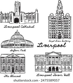 Liverpool tourist attractions vector drawings. Cathedral, Sefton Park, Royal Liver Building, Liverpool Town Hall ink illustration. Old architecture structures sketches. Europe England landmarks.