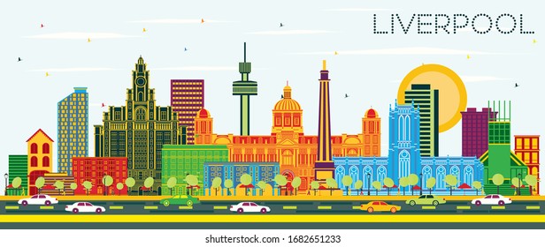 Liverpool UK City Skyline with Color Buildings and Blue Sky. Vector Illustration. Business Travel and Tourism Concept with Historic Architecture. Liverpool Cityscape with Landmarks.
