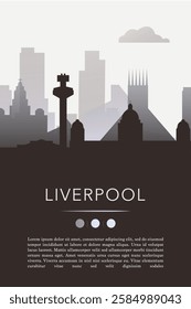 Liverpool UK city template for website, presentation, front page, invitation, publication sheet with skyline, landmarks. Vector England, United Kingdom image layout, simple and grayscale