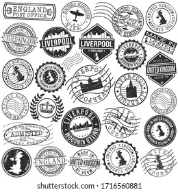 Liverpool, UK Set Of Stamp. Vector Art Postal Passport Travel Design. Travel And Business Seals.