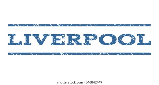 Liverpool watermark stamp. Text tag between horizontal parallel lines with grunge design style. Rubber seal stamp with scratched texture. Vector cobalt color ink imprint on a white background.
