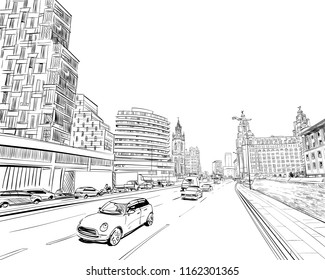 Liverpool.England. United Kingdom of Great Britain. Urban sketch. Hand drawn vector illustration
