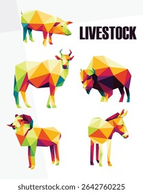 conjunto de logotipo colorido animal de criação. Coleção de animais de pecuária colorido poligonal baixo vetor poli. Bode búfalo cabra porco burro em logotipo abstrato colorido