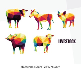 Conjunto De Poli Poligonal Colorido De Animais De Criação. Pecuária coleção de logotipo abstrata colorida. vaca de cabra burro de porco de búfalo colorido abstrato polígono logotipo definido