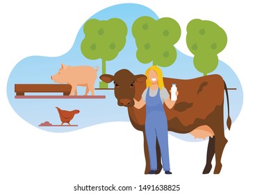 Livestock, Animal Farm, Milkmaid Holding Milk Bottle Stand near Cow, Pigs and Chicken on Farm. Natural Organic Production, Healthy Food, Eco Nutrition, Agriculture. Cartoon Flat Vector Illustration