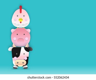 Livestock animal paper art with 3d layer space for some word vector and illustration set
