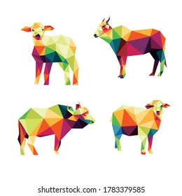 livestock Animal Set in Colorful Polygonal low poly. Colorful abstract Icon Vector. cow buffalo goat in colorful low poly