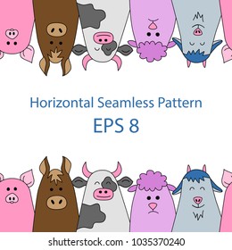 Livestock. Animals. Seamless horizontal pattern in doodle and cartoon style. Color. Vector. EPS  8