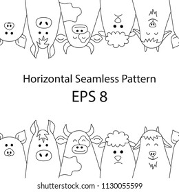 Livestock. Animals. Seamless horizontal pattern in doodle and cartoon style. Outline. Vector. EPS 8