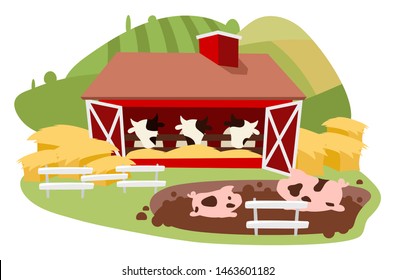 Livestock and cattle farming flat vector illustration. Dairy farm isolated cartoon concept. Cows barn and pig fence with hay bales. Animal agriculture. Ranch in farmland, countryside landscape